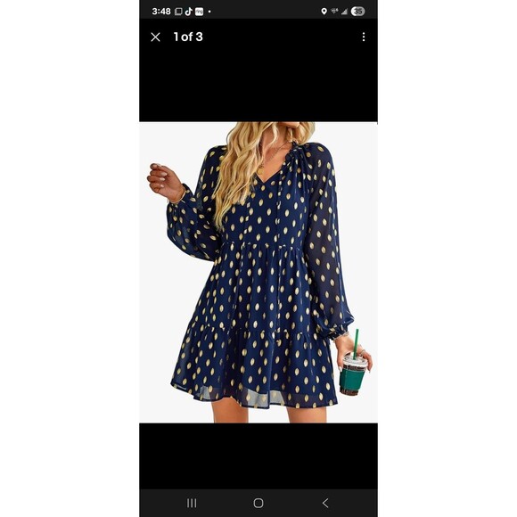 Blue Kirundo L Tiered Sheer Sleeve  Party Everyday Dress Gold  Dot Chiffon Mini - Picture 1 of 14
